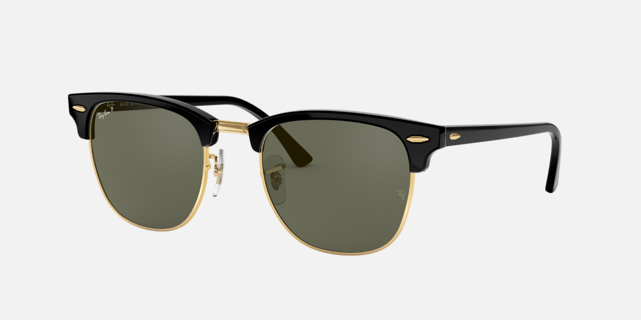 Ray-Ban Clubmaster Classic RB3016 901/58 square sunglasses for unisex in full rim plastic, with black on gold frame, and green lenses. 49mm in lens size, 21mm in bridge size, and 140mm in temple length.