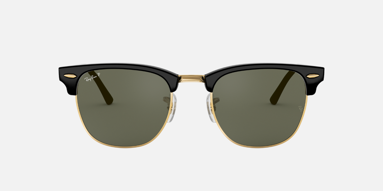 Ray-Ban Clubmaster Classic RB3016 901/58 square sunglasses for unisex in full rim plastic, with black on gold frame, and green lenses. 49mm in lens size, 21mm in bridge size, and 140mm in temple length.