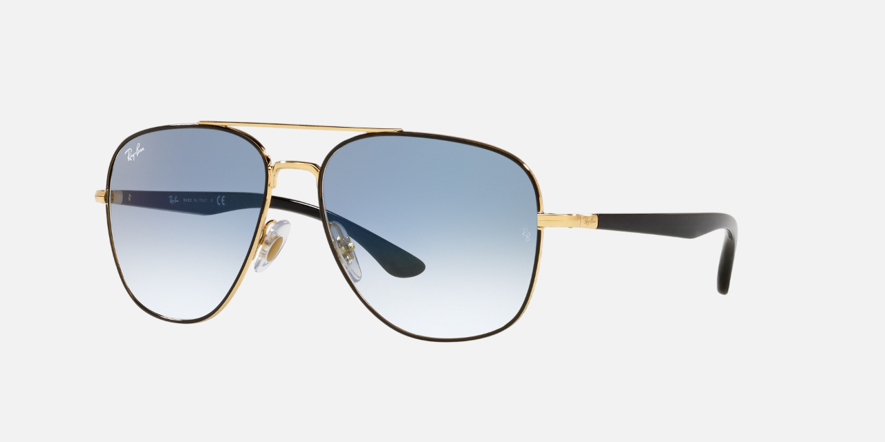 Ray-Ban RB3683 90003F men's full rim square sunglasses in a black on gold metal frame with blue lenses. Features a 56 mm lens size, 15 mm bridge size, and 135 mm temple length. Available in Dubai, UAE.