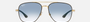 Ray-Ban RB3683 90003F square sunglasses for men in full rim metal, with black on gold frame, and blue lenses. 56mm in lens size, 15mm in bridge size, and 135mm in temple length.