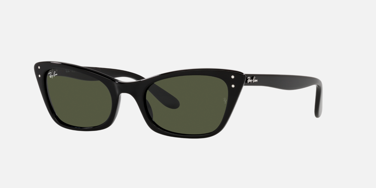 Ray-Ban Lady Burbank RB2299 901/31 women's full rim cat eye sunglasses in a polished black acetate frame with green lenses. Features a 52 mm lens size, 20 mm bridge size, and 140 mm temple length. Available in Dubai, UAE.