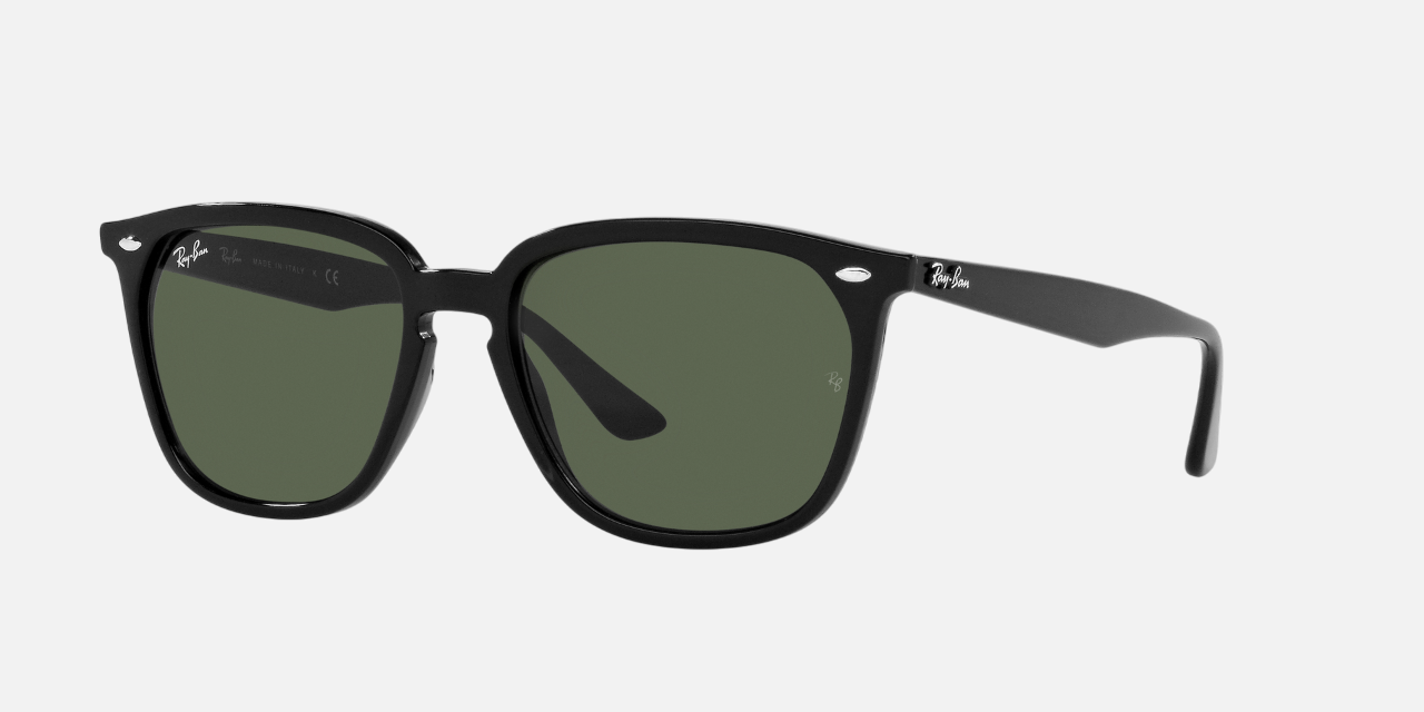Ray-Ban RB4362 601/71 square sunglasses for unisex in full rim plastic, with black frame, and green lenses. 55mm in lens size, 18mm in bridge size, and 145mm in temple length.
