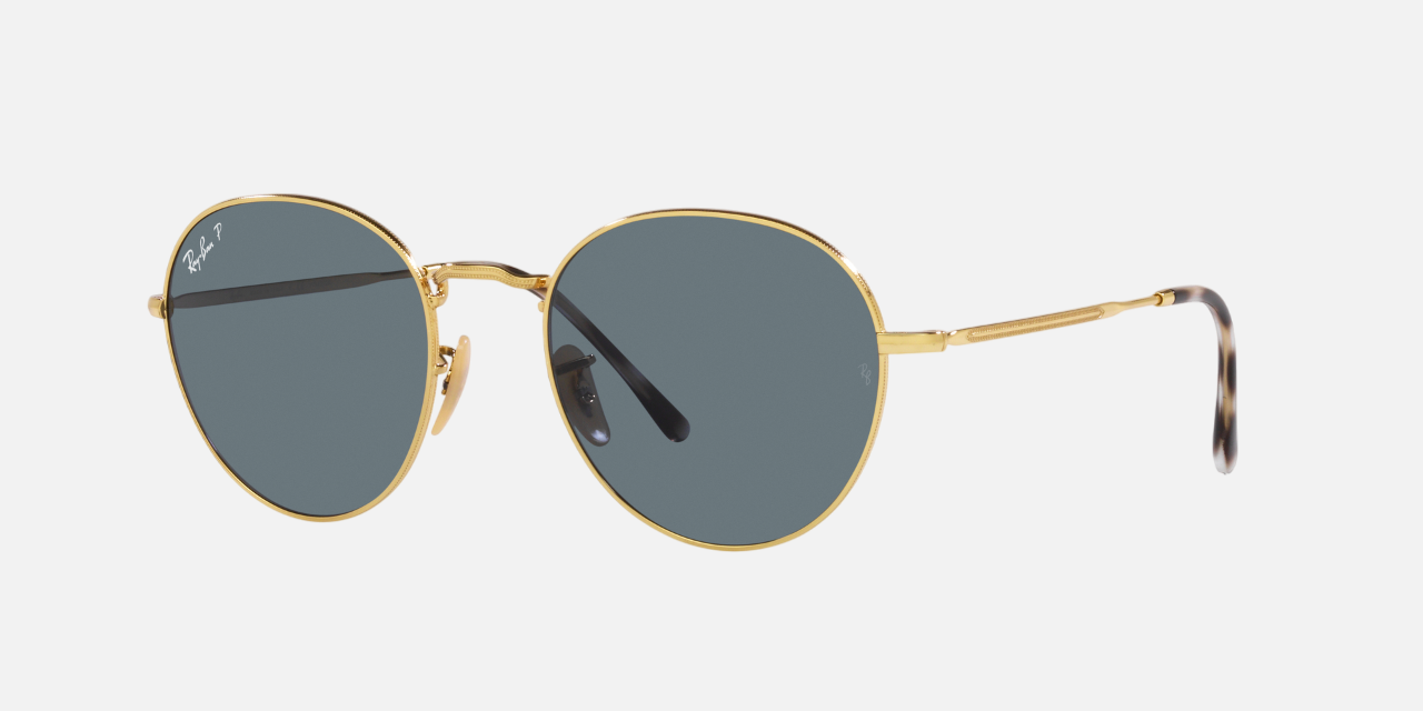 Ray-Ban David RB3582 001/3R unisex's full rim phantos sunglasses in a polished arista gold metal frame with dark blue polarized lenses. Features a 53 mm lens size, 20 mm bridge size, and 145 mm temple length. Available in Dubai, UAE.