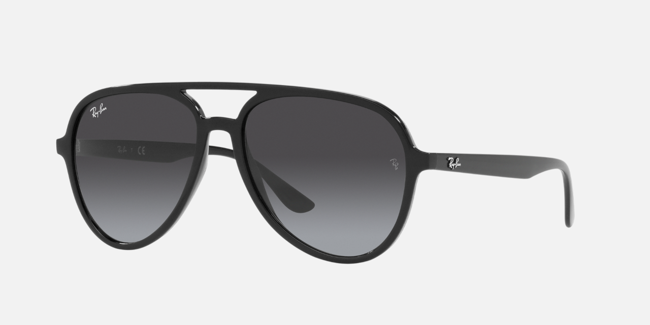 Ray-Ban RB4376 601/8G unisex's full rim pilot sunglasses in a black injected frame with grey gradient lenses. Features a 57 mm lens size, 16 mm bridge size, and 145 mm temple length. Available in Dubai, UAE.