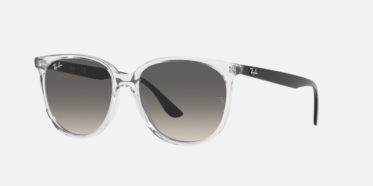 Ray-Ban RB4378 647711 women's full rim square sunglasses in a transparent injected frame with grey gradient lenses. Features a 54 mm lens size, 16 mm bridge size, and 145 mm temple length. Available in Dubai, UAE.