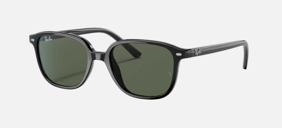 Ray-Ban Junior Leonard Kids RJ9093S 100/71 square sunglasses for kids in full rim injected, with polished black frame, and dark green lenses. 48mm in lens size, 16mm in bridge size, and 130mm in temple length.