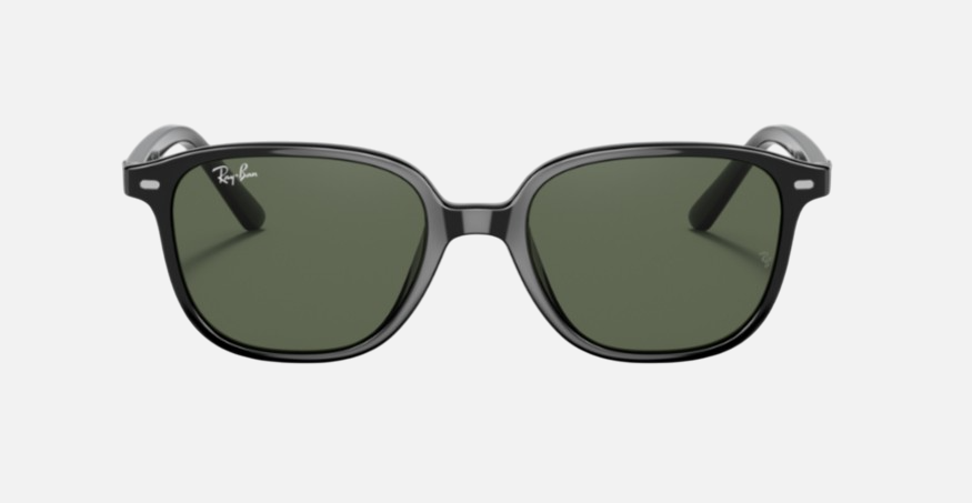 Ray-Ban Junior Leonard Kids RJ9093S 100/71 square sunglasses for kids in full rim injected, with polished black frame, and dark green lenses. 48mm in lens size, 16mm in bridge size, and 130mm in temple length.