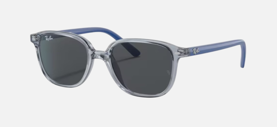 Ray-Ban Junior Leonard Kids RJ9093S 711087 square sunglasses for kids in full rim injected, with polished transparent blue frame, and grey lenses. 48mm in lens size, 16mm in bridge size, and 130mm in temple length.