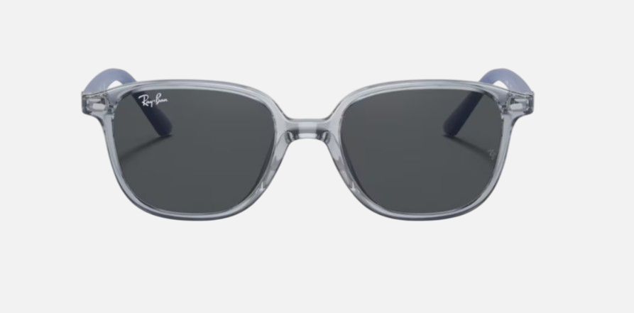 Ray-Ban Junior Leonard Kids RJ9093S 711087 square sunglasses for kids in full rim injected, with polished transparent blue frame, and grey lenses. 48mm in lens size, 16mm in bridge size, and 130mm in temple length.