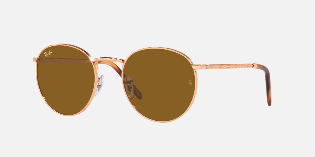 Ray-Ban New Round RB3637 920233 unisex's full rim phantos sunglasses in a polished rose gold metal frame with brown lenses. Features a 53 mm lens size, 21 mm bridge size, and 140 mm temple length. Available in Dubai, UAE.
