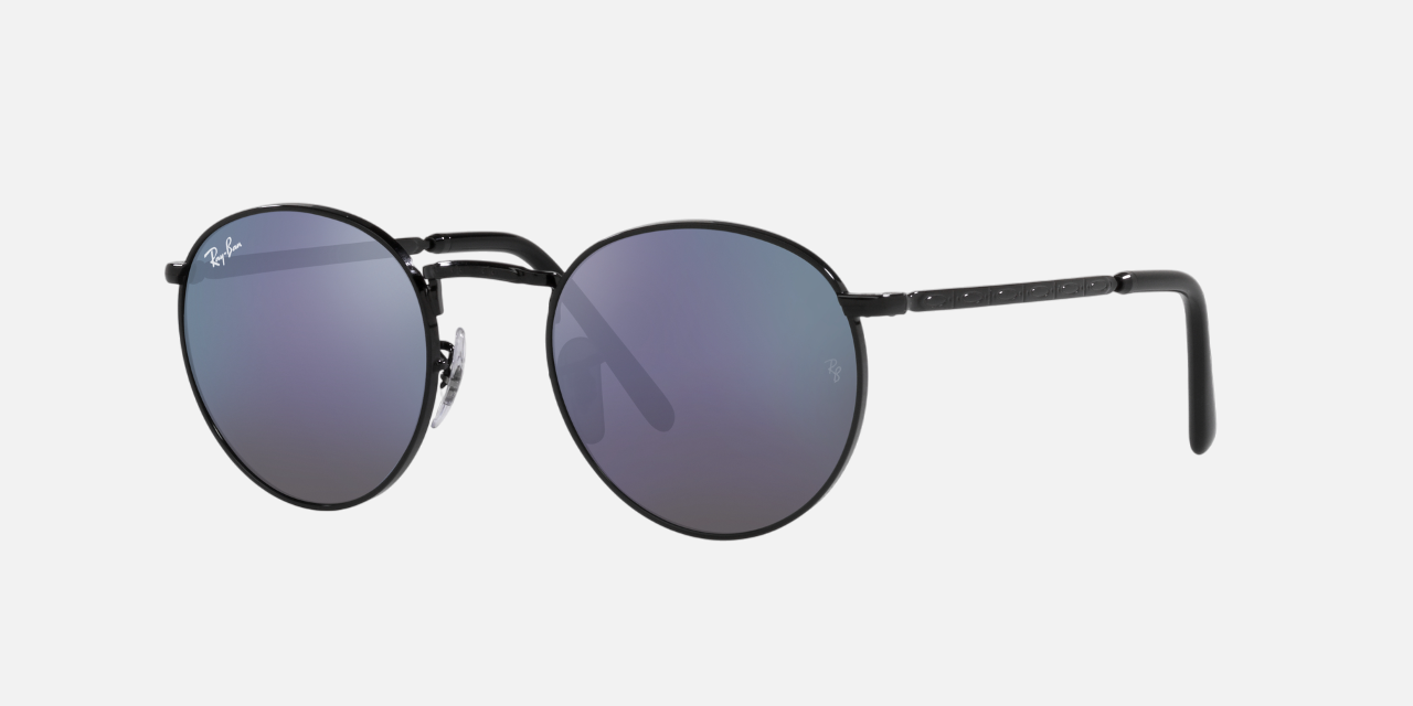 Ray-Ban New Round RB3637 002/G1 round sunglasses for unisex in full rim metal, with black frame, and green mirror blue lenses. 50mm in lens size, 21mm in bridge size, and 140mm in temple length.