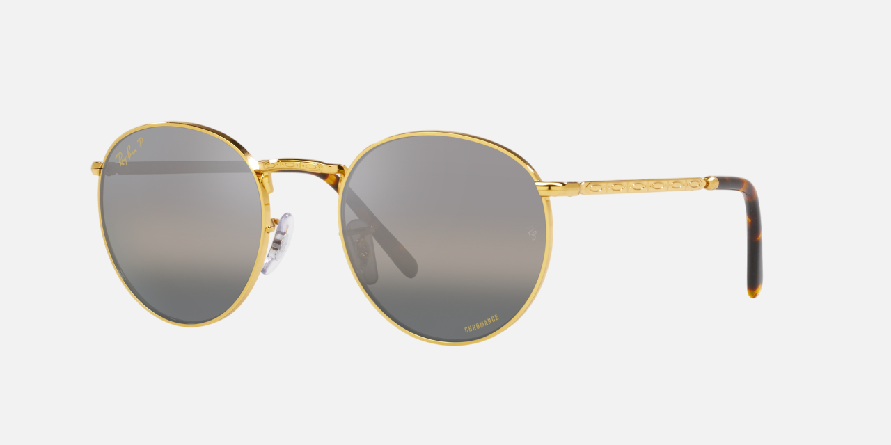 Ray-Ban New Round RB3637 9196G3 unisex's full rim phantos sunglasses in a polished gold metal frame with silver/grey chromance polarized lenses. Features a 53 mm lens size, 21 mm bridge size, and 140 mm temple length. Available in Dubai, UAE.