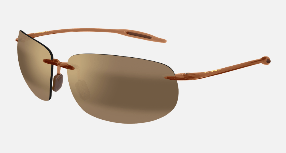 Maui Jim Breakwall 26 rectangular sunglasses for unisex in rimless plastic, with brown frame, and hcl bronze lenses. 63mm in lens size, 13mm in bridge size, and 127mm in temple length.