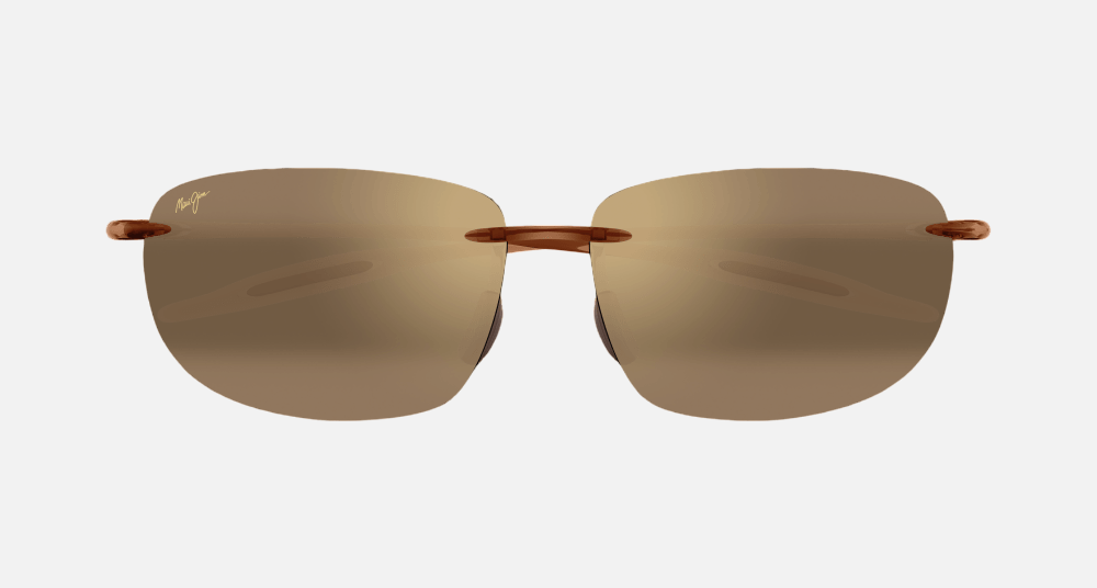 Maui Jim Breakwall 26 rectangular sunglasses for unisex in rimless plastic, with brown frame, and hcl bronze lenses. 63mm in lens size, 13mm in bridge size, and 127mm in temple length.