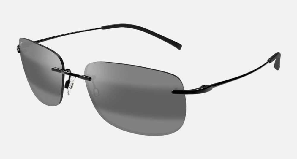 Maui Jim Ohai 02 rectangular sunglasses for unisex in rimless titanium, with gloss black frame, and neutral grey lenses. 59mm in lens size, 17mm in bridge size, and 140mm in temple length.