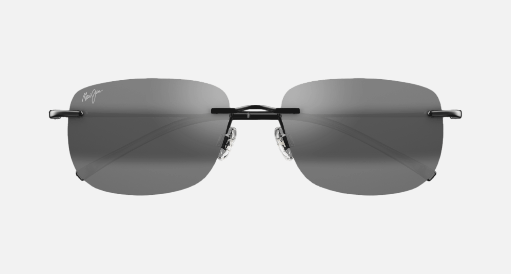 Maui Jim Ohai 02 rectangular sunglasses for unisex in rimless titanium, with gloss black frame, and neutral grey lenses. 59mm in lens size, 17mm in bridge size, and 140mm in temple length.