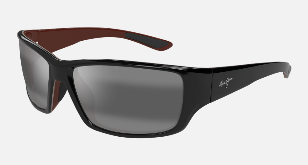 Maui Jim Local Kine 07E rectangular sunglasses for unisex in full rim plastic, with shiny black with grey and maroon frame, and neutral grey lenses. 61mm in lens size, 18mm in bridge size, and 125mm in temple length.