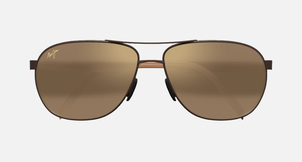 Maui Jim Castles 01M aviator sunglasses for unisex in full rim metal front/plastic temple, with matte chocolate frame, and hcl bronze lenses. 61mm in lens size, 16mm in bridge size, and 140mm in temple length.