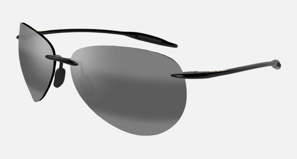 Maui Jim Sugar Beach 02 wraparound sunglasses for unisex in rimless acetate, with gloss black frame, and neutral grey lenses. 62mm in lens size, 12mm in bridge size, and 127mm in temple length.