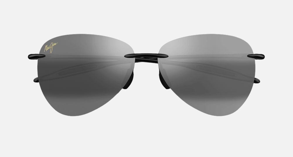 Maui Jim Sugar Beach 02 wraparound sunglasses for unisex in rimless acetate, with gloss black frame, and neutral grey lenses. 62mm in lens size, 12mm in bridge size, and 127mm in temple length.