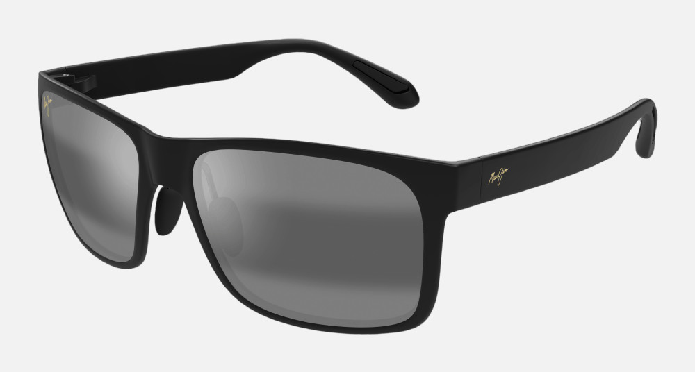 Maui Jim Red Sands 2M square sunglasses for men in full rim plastic, with matte black frame, and neutral grey lenses. 59mm in lens size, 17mm in bridge size, and 140mm in temple length.