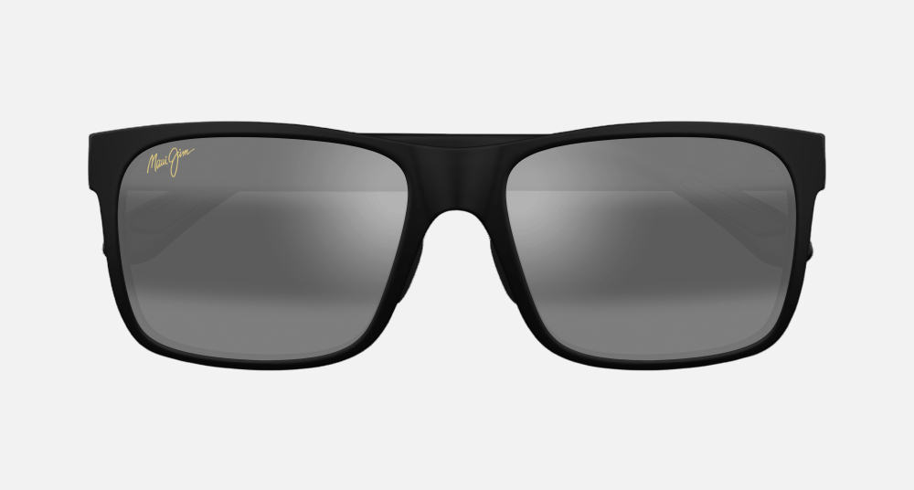 Maui Jim Red Sands 2M square sunglasses for men in full rim plastic, with matte black frame, and neutral grey lenses. 59mm in lens size, 17mm in bridge size, and 140mm in temple length.