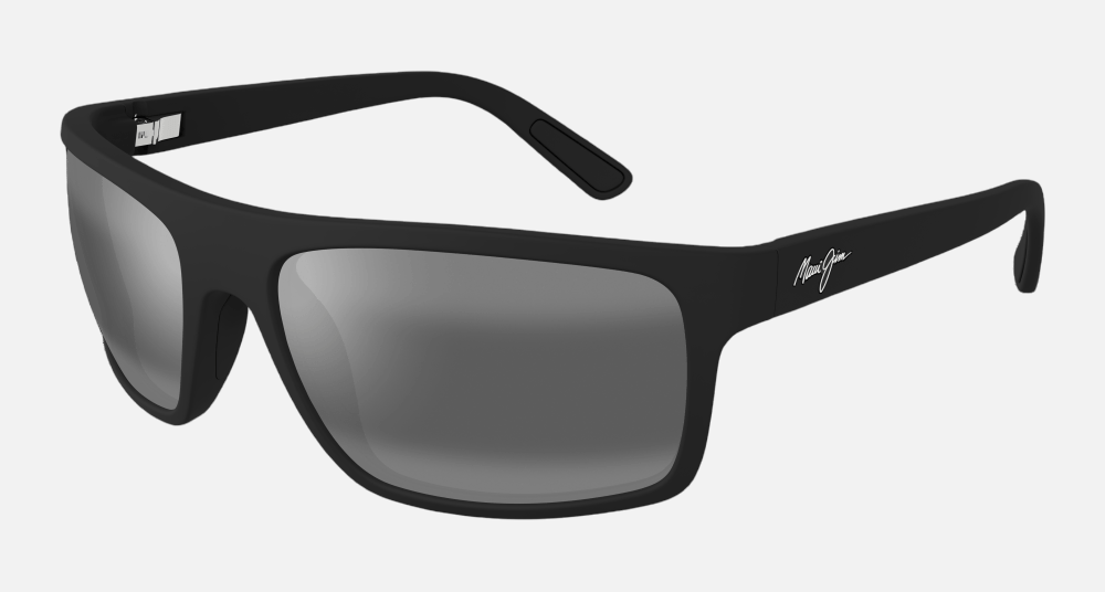 Maui Jim Byron Bay 02MR rectangular sunglasses for unisex in full rim plastic, with matte black rubber frame, and neutral grey lenses. 62mm in lens size, 19mm in bridge size, and 125mm in temple length.