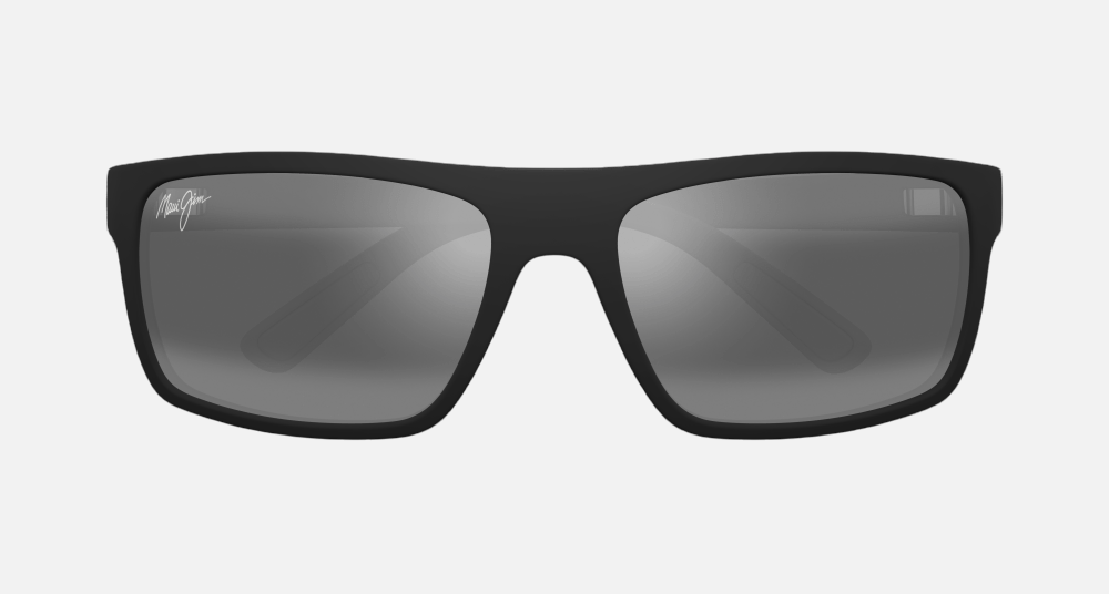 Maui Jim Byron Bay 02MR rectangular sunglasses for unisex in full rim plastic, with matte black rubber frame, and neutral grey lenses. 62mm in lens size, 19mm in bridge size, and 125mm in temple length.