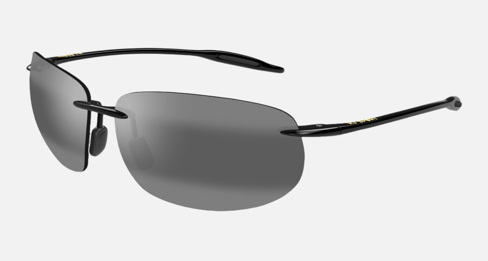 Maui Jim Breakwall 02 rectangular sunglasses for unisex in rimless plastic, with gloss black frame, and neutral grey lenses. 63mm in lens size, 13mm in bridge size, and 127mm in temple length.