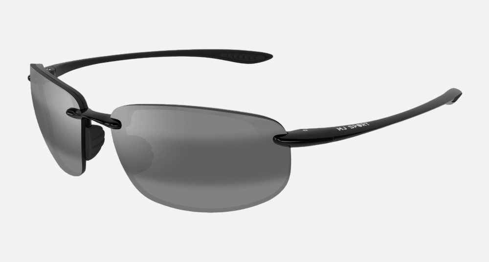 Maui Jim Ho'okipa 02 rectangular sunglasses for unisex in rimless plastic, with gloss black frame, and neutral grey lenses. 64mm in lens size, 17mm in bridge size, and 130mm in temple length.
