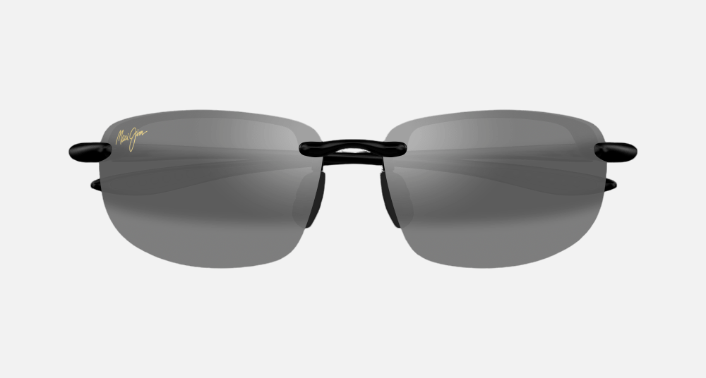 Maui Jim Ho'okipa 02 rectangular sunglasses for unisex in rimless plastic, with gloss black frame, and neutral grey lenses. 64mm in lens size, 17mm in bridge size, and 130mm in temple length.