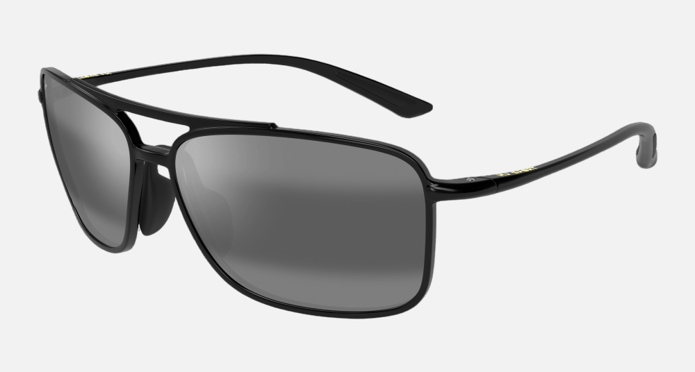 Maui Jim Kaupo Gap 02 aviator sunglasses for men in full rim nylon, with gloss black frame, and neutral grey lenses. 61mm in lens size, 15mm in bridge size, and 140mm in temple length.