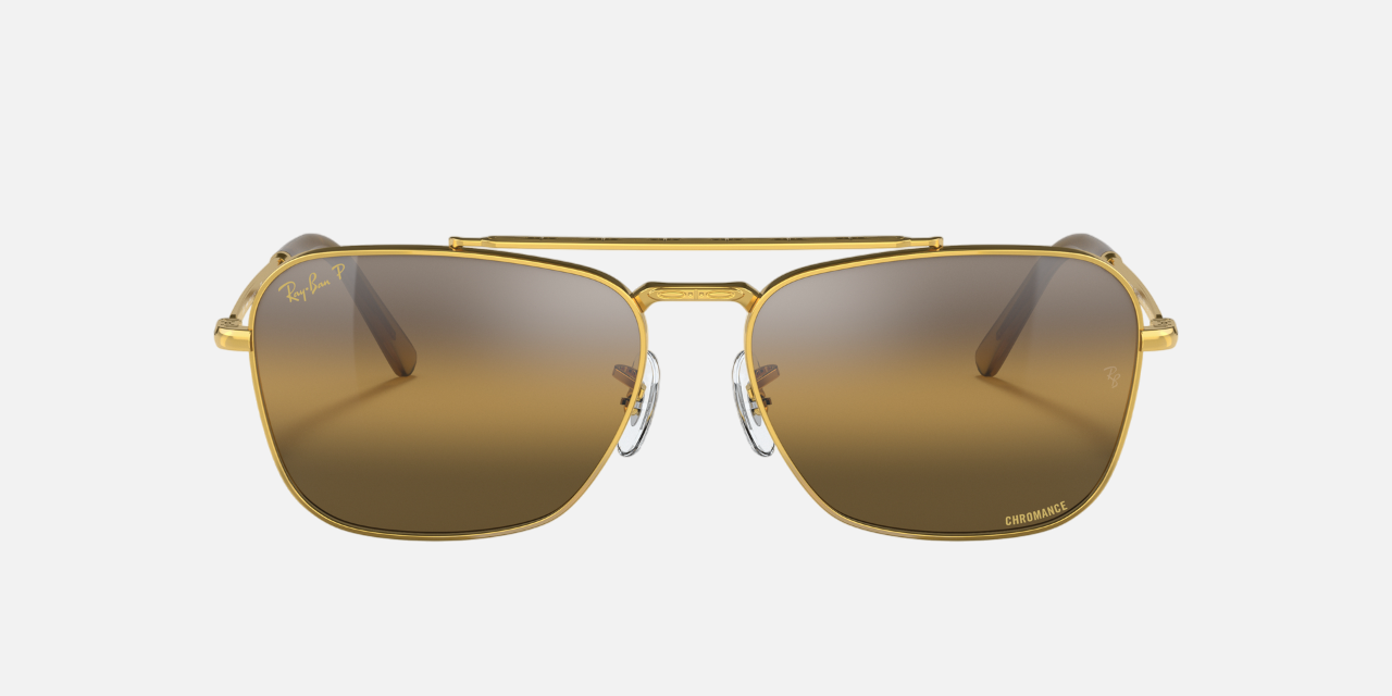 Ray-Ban New Caravan RB3636 9196G5 square sunglasses for unisex in full rim metal, with polished gold frame, and silver/brown chromance lenses. 55mm in lens size, 15mm in bridge size, and 135mm in temple length.