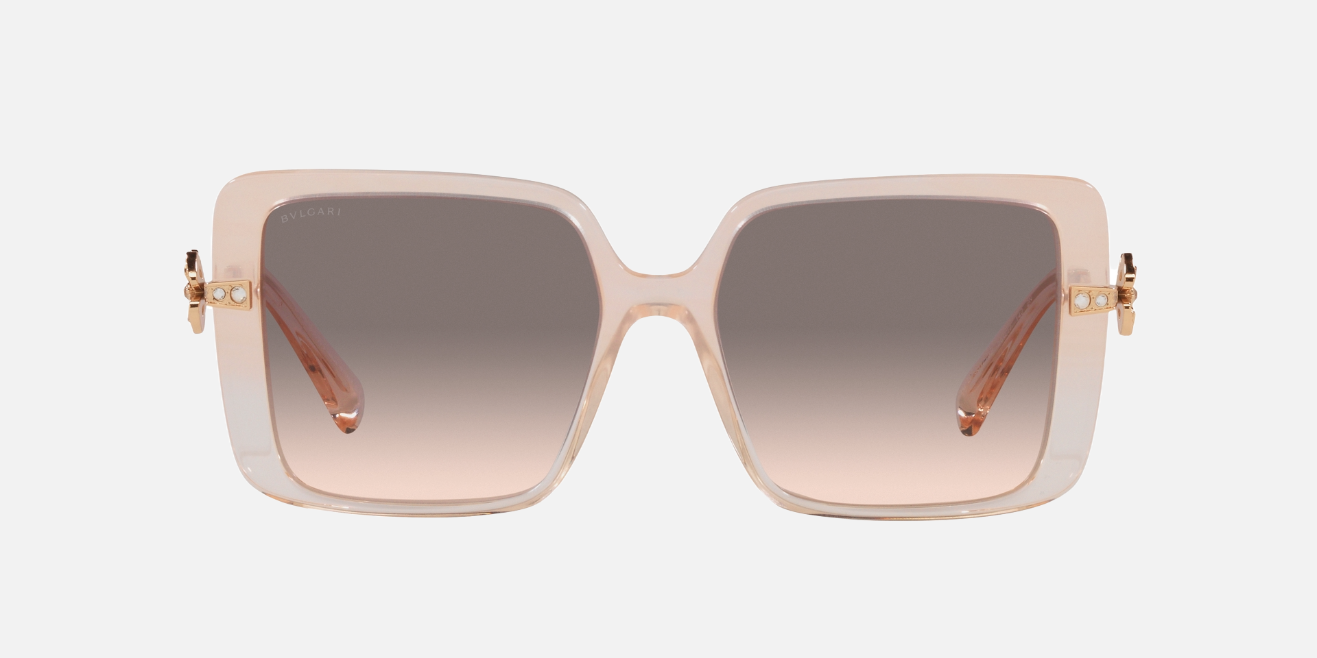 Bvlgari BV8243B 55123B square sunglasses for women in full rim plastic, with opal peach striped gradient frame, and pink gradient gray lenses. 56mm in lens size, 17mm in bridge size, and 140mm in temple length.