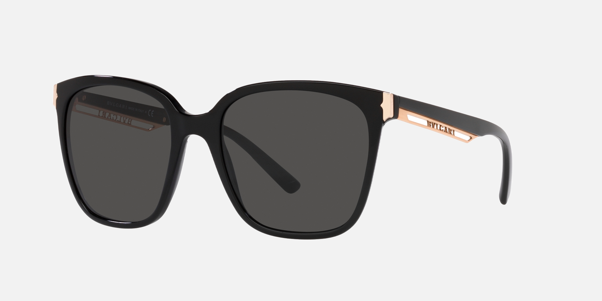 Bvlgari BV8245 501/87 square sunglasses for women in full rim plastic, with black frame, and dark grey lenses. 55mm in lens size, 19mm in bridge size, and 145mm in temple length.