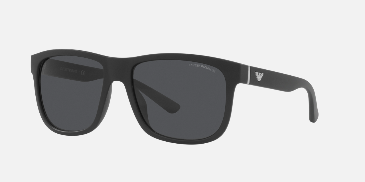 Emporio Armani EA 4182U 500187 square sunglasses for men in full rim plastic, with matte black frame, and dark gray lenses. 57mm in lens size, 17mm in bridge size, and 145mm in temple length.