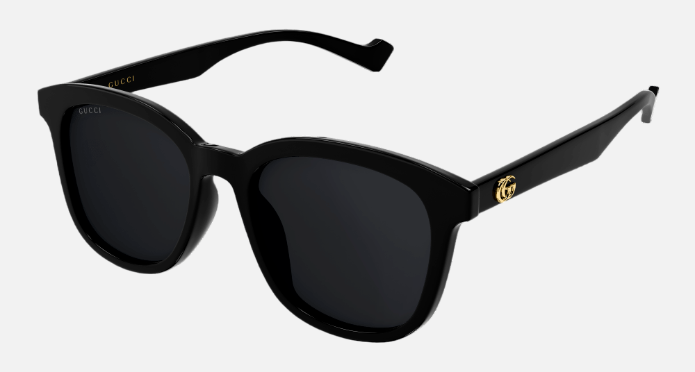 Gucci GG1001SK 001 square sunglasses for women in full rim plastic, with black frame, and grey lenses. 55mm in lens size, 19mm in bridge size, and 145mm in temple length.