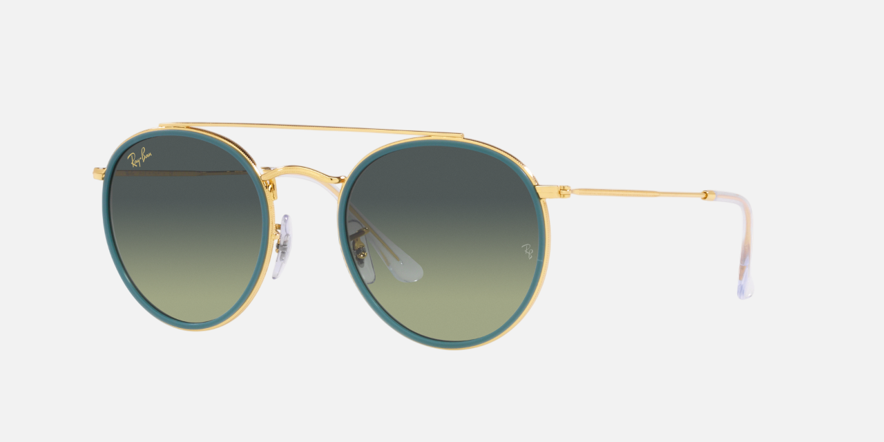 Ray-Ban Round Double Bridge RB3647N 9235BH round double bridge sunglasses for unisex in full rim metal, with gold frame, and green vintage lenses. 51mm in lens size, 22mm in bridge size, and 145mm in temple length.