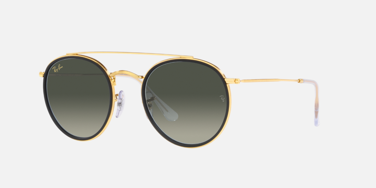 Ray-Ban Round Double Bridge RB3647N 923871 unisex's full rim round double bridge sunglasses in a gold metal frame with grey gradient lenses. Features a 51 mm lens size, 22 mm bridge size, and 145 mm temple length. Available in Dubai, UAE.