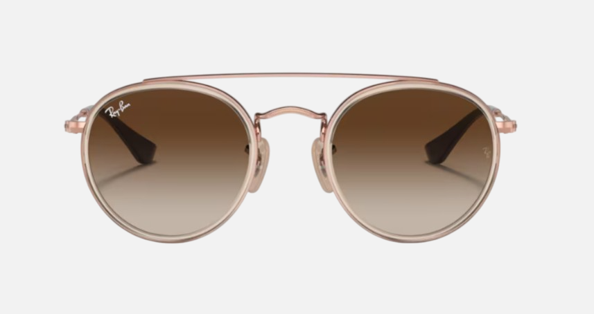 Ray-Ban Junior Round Double Bridge Kids RJ9647S 288/13 round sunglasses for kids in full rim metal, with polished light brown frame, and brown gradient lenses. 46mm in lens size, 21mm in bridge size, and 130mm in temple length.