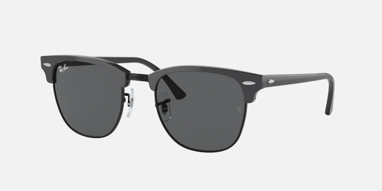 Ray-Ban Clubmaster Classic RB3016 1367B1 unisex's full rim square sunglasses in a grey on black acetate frame with dark grey lenses. Features a 51 mm lens size, 21 mm bridge size, and 140 mm temple length. Available in Dubai, UAE.