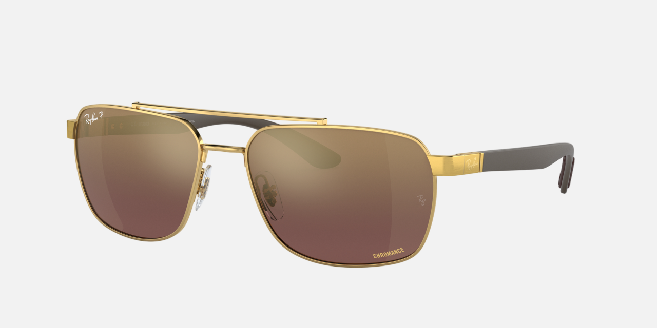 Ray-Ban RB3701 001/6B rectangular sunglasses for men in full rim metal, with gold frame, and purple/gold chromance lenses. 59mm in lens size, 17mm in bridge size, and 145mm in temple length.