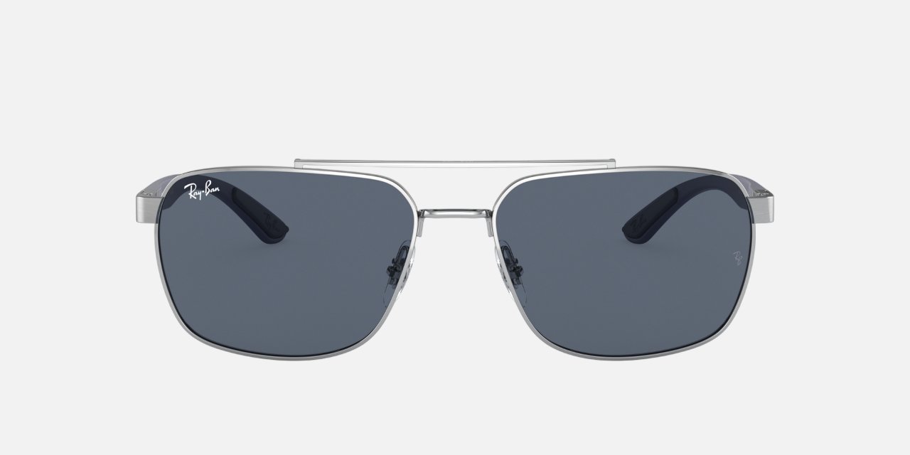 Ray-Ban RB3701 924387 rectangular sunglasses for men in full rim metal, with silver frame, and dark grey lenses. 59mm in lens size, 17mm in bridge size, and 145mm in temple length.