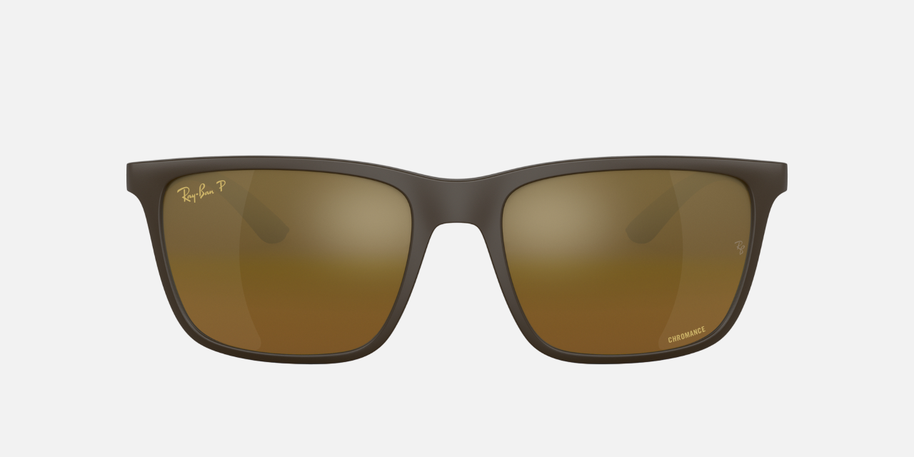 Ray-Ban RB4385 6124A3 rectangular sunglasses for men in full rim metal, with brown frame, and brown gold lenses. 58mm in lens size, 18mm in bridge size, and 145mm in temple length.