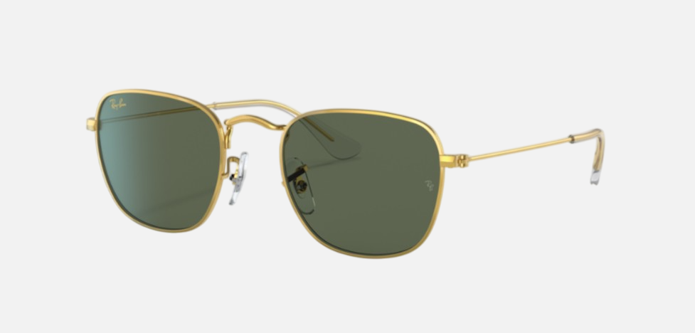 Ray-Ban Junior Frank Kids RJ9557S 286/71 square sunglasses for kids in full rim metal, with polished gold frame, and dark green lenses. 46mm in lens size, 19mm in bridge size, and 130mm in temple length.