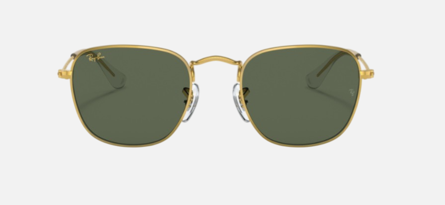 Ray-Ban Junior Frank Kids RJ9557S 286/71 square sunglasses for kids in full rim metal, with polished gold frame, and dark green lenses. 46mm in lens size, 19mm in bridge size, and 130mm in temple length.