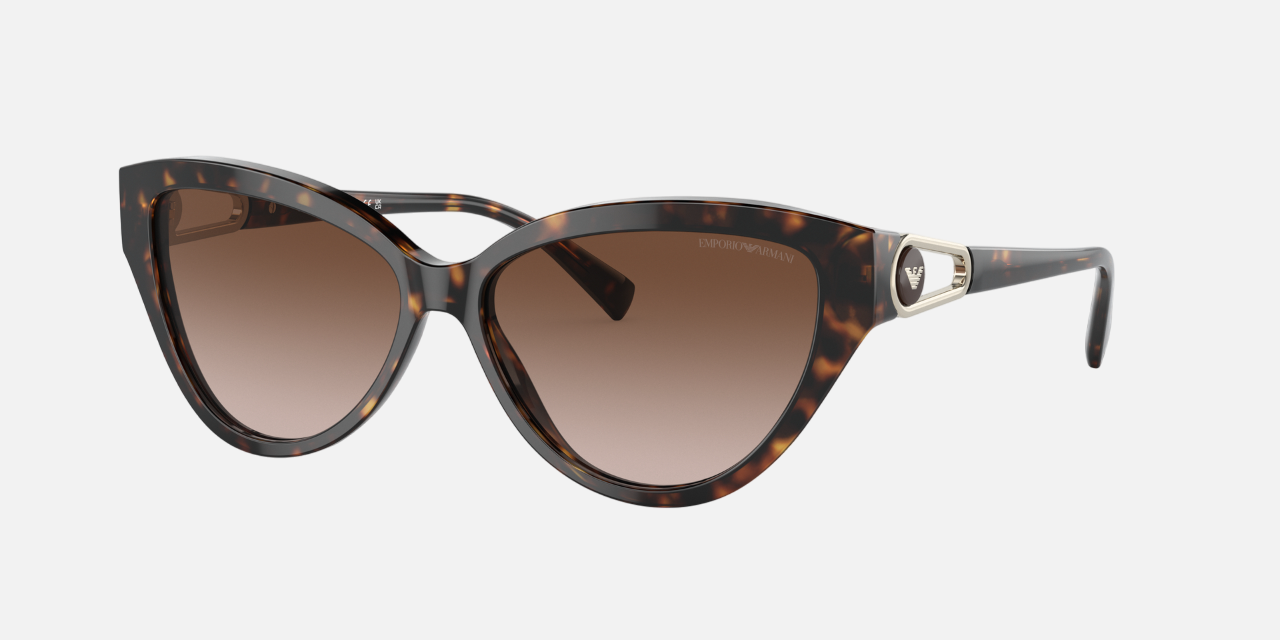 Emporio Armani EA 4192 502613 cat-eye sunglasses for women in full rim plastic, with shiny havana frame, and gradient brown lenses. 57mm in lens size, 14mm in bridge size, and 140mm in temple length.