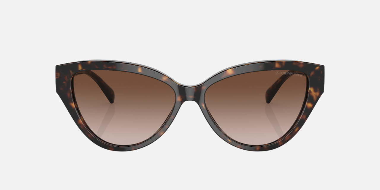 Emporio Armani EA 4192 502613 cat-eye sunglasses for women in full rim plastic, with shiny havana frame, and gradient brown lenses. 57mm in lens size, 14mm in bridge size, and 140mm in temple length.