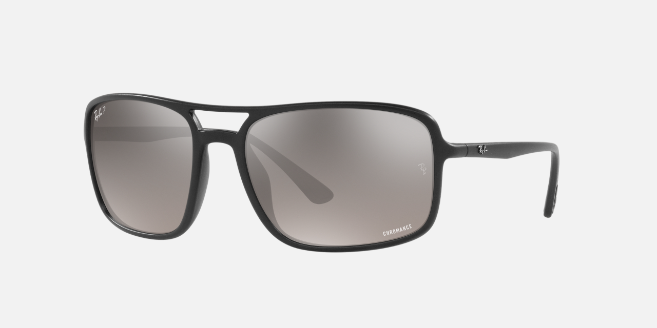 Ray-Ban RB4375 Chromance RB4375 601S5J rectangular sunglasses for unisex in full rim plastic, with matte black frame, and grey chromance lenses. 60mm in lens size, 18mm in bridge size, and 130mm in temple length.
