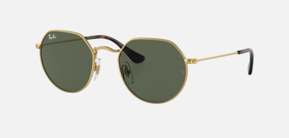 Ray-Ban Junior Jack Kids RJ9565S 223/71 irregular sunglasses for kids in full rim metal, with polished arista gold frame, and green lenses. 47mm in lens size, 19mm in bridge size, and 130mm in temple length.